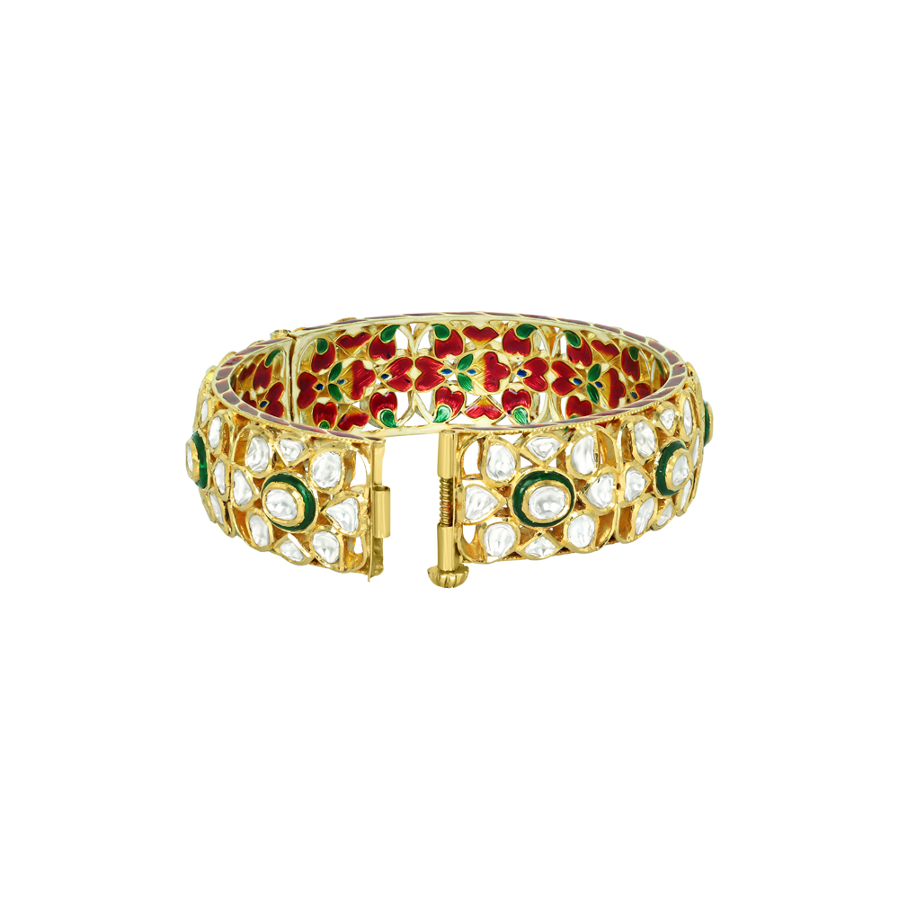 Half-Openable Bangle with Polki and Green Enamel